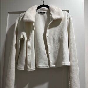 Zara Cream Ribbed Knit Jacket with Faux-Fur Collar